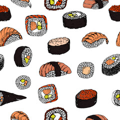 Sushi. Pattern. Stock vector illustration. Hand drawing. Isolated on white. Color sketch. For product packaging, labels. Asian food.Business card for sushi. Sushi menu, sushi bar