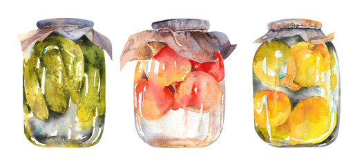 Watercolor jar with cucumbers, peaches and lemons. Homemade canned food in a glass jar
