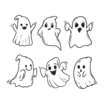 set of cute halloween ghosts, sketch of ghost on white background. collection ghosts in doodle style.Vector illustration