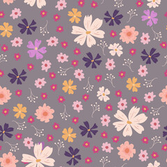 Hand-drawn floral pattern in lilac color, bright background, flowers and patterns.