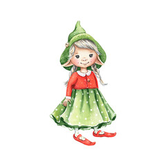 Watercolor Christmas gnome illustration on white background. Fantasy cute girl character. Hand drawn graphics isolated on white background. Perfect for invitation, greeting card design