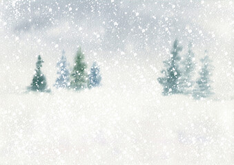 Winter background illustration. Watercolor art. Holiday greeting card template. Winter cold snowy season. Invitation banner design.