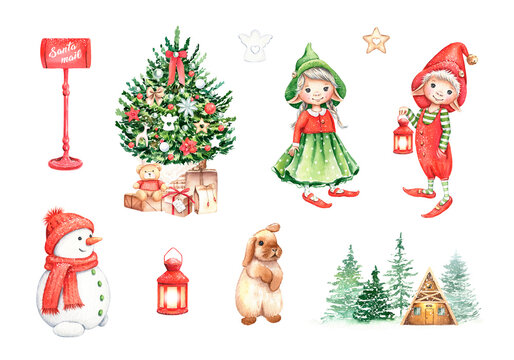 Watercolor Christmas clipart set. Cartoon gnomes, cute snowman, rabbit, Christmas tree, winter composition. Hand drawn illustrations isolated on white background 