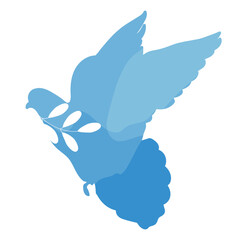 Dove of peace with olive branch vector illustration. Silhouette of blue bird isolated on white background. Symbol of peace and hope