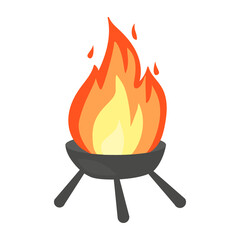 Barbecue grill with fire for picnic time. Outdoor party equipment. Vector illustration in flat style.