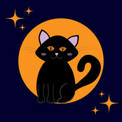 Black cat in the background of the night sky. Illustration for background, greeting card, party invitation card, website banner, social media banner, and marketing material. 