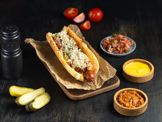 Mexican street style hot dog with salsa on a wooden cutting board on dark background.