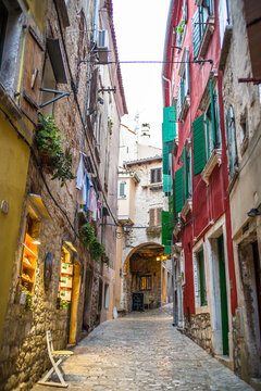 old, historic buildings in the historic old town of Rijeka, narrow streets, tenement houses, stone houses