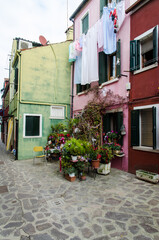 Un vicolo dell'isola di Burano nella laguna di Venezia con le sue tipiche case colorate e delle piante