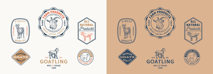 Goat Cattle Farm Retro Framed Badges Logo Templates Collection. Hand Drawn Goatling and Goat Face Animals Sketches with Retro Typography. Vintage Sketch Emblems Set Isolated