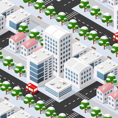 Perspective snowy Christmas winter view 3D illustration