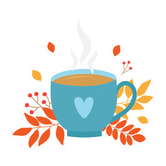 Cup of tea, autumn leaves and berries. Template for cozy autumn design. 
