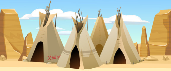Indians wigwam hut made of felt and skins. In desert rocky area. North American tribal dwelling. Traditional home of nomadic peoples. Vector. © WebPAINTER-Std