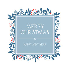 Obraz premium Holidays greeting card with floral Christmas ornament. Winter twigs in blue colors. 