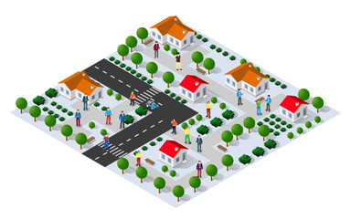 Country village district isometric 3d illustration of a rural area with many buildings