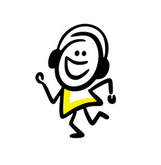 Doodle stickman dansing and listening to music via headphones.