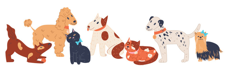 Pets domestic animals group, flat vector illustration isolated on white. Pets characters for vet shop and care products sale, veterinary cleaning. Grooming, feeding and keeping of animals.