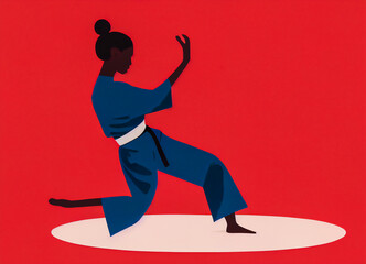 Fototapeta na wymiar Female karateka, in kimono, karate and self defense sportswoman, minimalist flat design