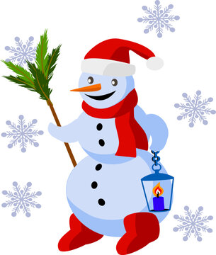 Vector - snowman with lantern illustration.
