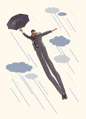 Contemporary art collage. Creative design with businessman in a suit flying with umbrella over clouds. Long legs