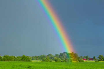rainbow in the sky.Picturesque view of beautiful rainbow and blue sky on sunny day