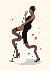 Contemporary art collage. Stylish african woman with long legs performing at jazz concert, singing. Creative design