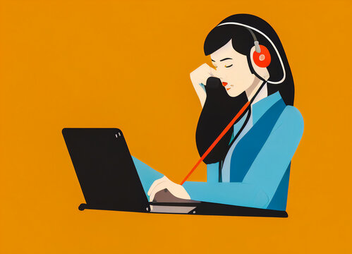 Woman working from home with headset and laptop in video, minimalist flat design illustration
