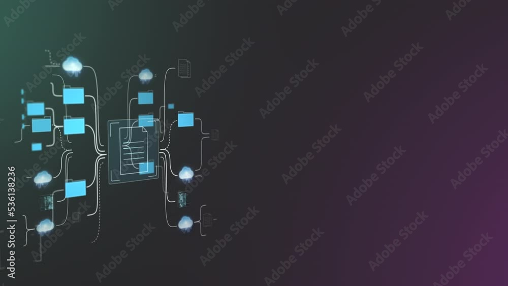 Poster network of digital data, documents and folders spreads on black background. backup cloud system, dat