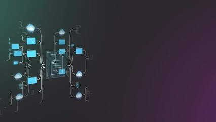 Network of digital data, documents and folders spreads on black background. Backup cloud system, data management and storage