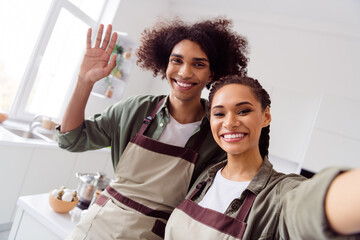 Photo of sweet charming wife husband dressed aprons tacking selfie waving hi cooking lunch indoors home room