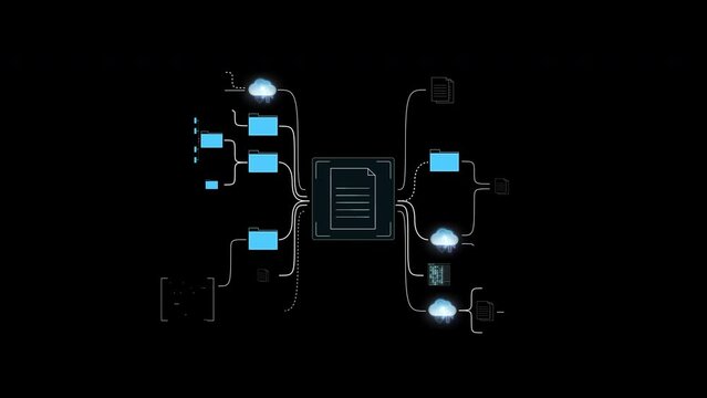 Data tree animation from file enlarges to network on black. Internet Cloud System, File Management