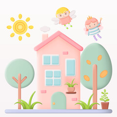 Cartoon Pink Fairy House isolated on white background. 3D Vector illustration - 536138489