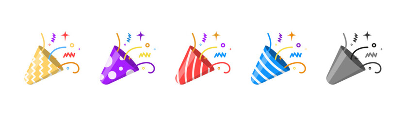 Obraz na płótnie Canvas Party popper icons. Bright cartoon birthday cracker. Confetti for parties and holidays