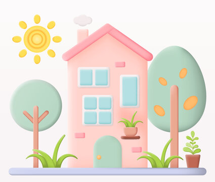 Cartoon Pink Fairytale House isolated on white background. 3D Vector illustration