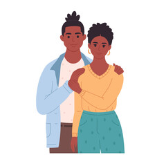 Black love couple hugging and smiling. Sweetheart couple together. Happy family portrait. Hand drawn vector illustration