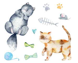 Cute watercolor cat. Kitten cartoon illustration, domestic pet character design. Children kitty isolated illustration. Kitten paw meow design 