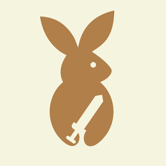 Rabbit Sword Logo Negative Space Concept Vector Template. Rabbit Holding Sword Symbol