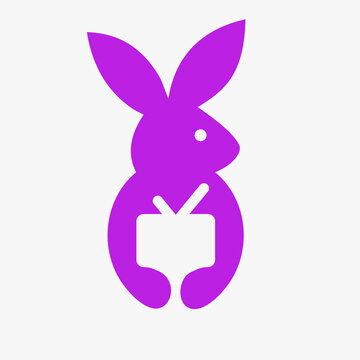 Rabbit TV Logo Negative Space Concept Vector Template. Rabbit Holding TV Symbol