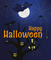 happy halloween plakat pocztówka księżyc północ wiedźma czary magia domki drzewo straszyć duch straszny zabawa impreza  - obrazy, fototapety, plakaty