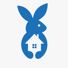 Rabbit Real Estate Logo Negative Space Concept Vector Template. Rabbit Holding Home Symbol