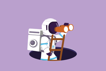 Cartoon flat style drawing young astronaut climbs out of hole by ladder and using binocular in moon surface. Looking for opportunity. Cosmonaut deep space concept. Graphic design vector illustration © onetime