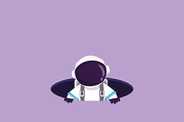 Cartoon flat style drawing young astronaut emerges from hole in moon surface. Failure to take advantage of exploration opportunities. Cosmonaut deep space concept. Graphic design vector illustration