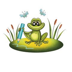 Green frog on a pond on a white background