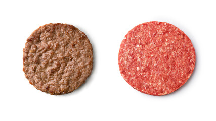 fried and raw beef cutlet on white background