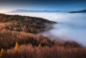 Autumn, misty panoramic view of the Tatra Mountains and the mountains, from the tower in Koziarz,...