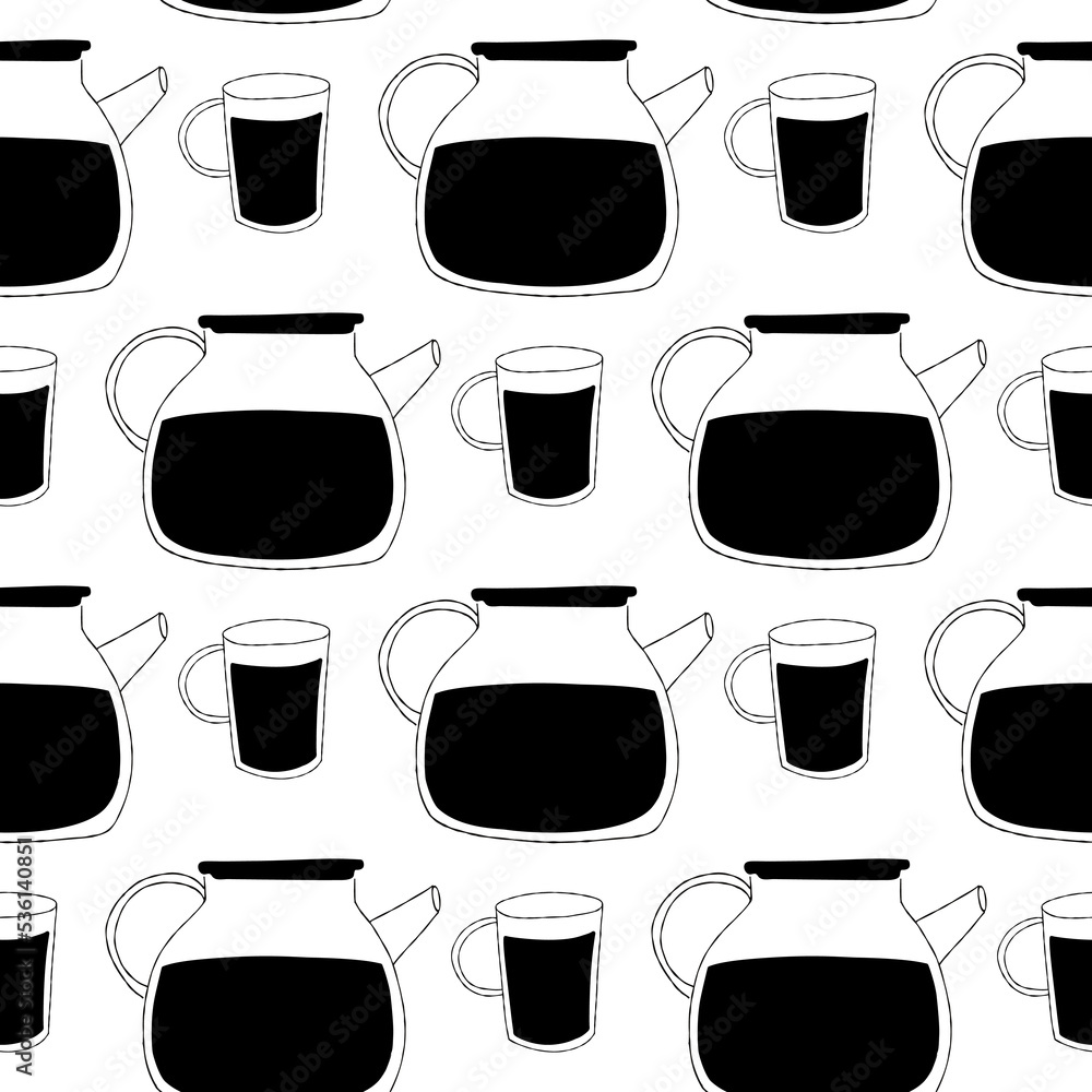 Wall mural Seamless pattern with black teapots and cups illustration on white background