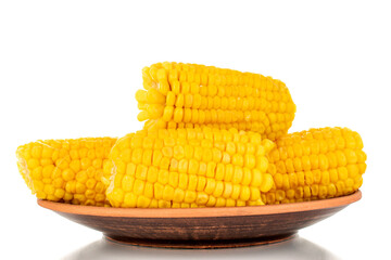 Three fragrant boiled corn on a clay plate, macro, isolated on white background.