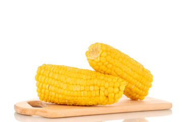 Two fragrant boiled corns, macro, isolated on white background.