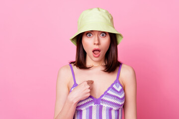 Photo of impressed lady point finger self open mouth cant believe questioned isolated on pink color background