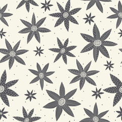 Beautiful seamless pattern with hand-drawn abstract flowers.  Abstract contemporary floral repeat background. Simple and stylish monochrome vector print. For textiles, wrapping paper, gift paper